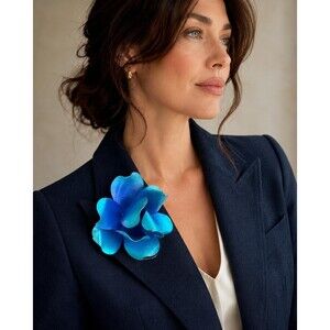 Vintage Sculptural Blue Ombre Metal Flower Statement Brooch Large Floral Pin